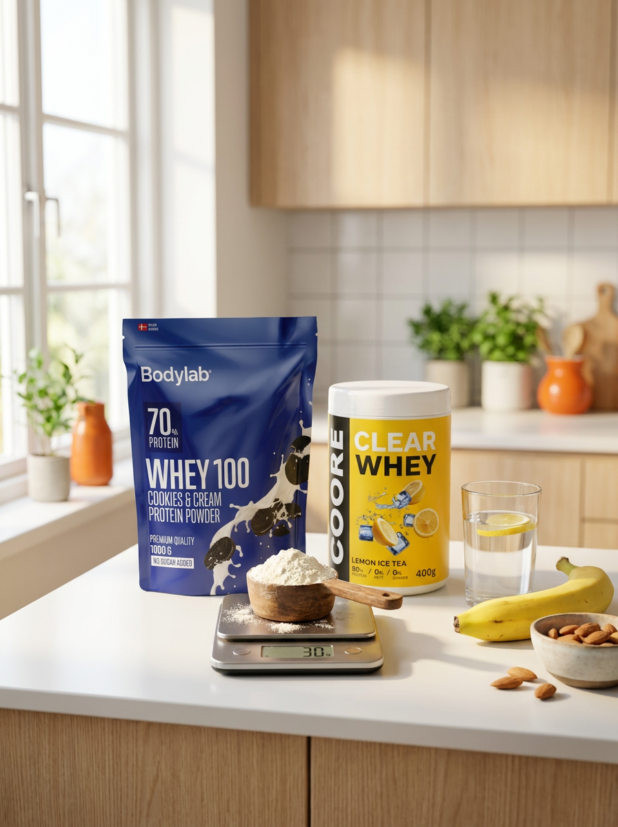 Bodylab Whey 100 Cookies & Cream og Coore Clear Whey Lemon Ice Tea på kjøkkenbenk med proteinmåling