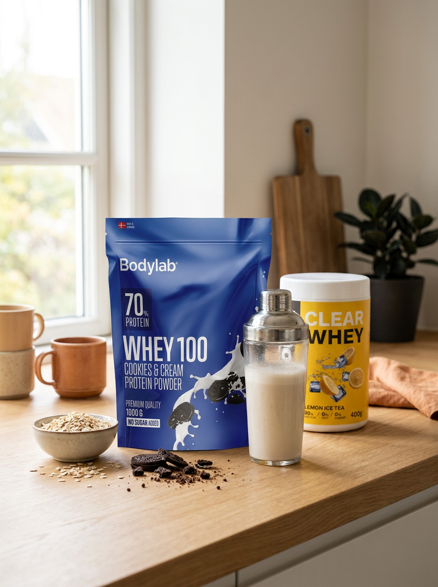 Bodylab Whey 100 Cookies & Cream og Coore Clear Whey Lemon Ice Tea på kjøkkenbenk med shaker