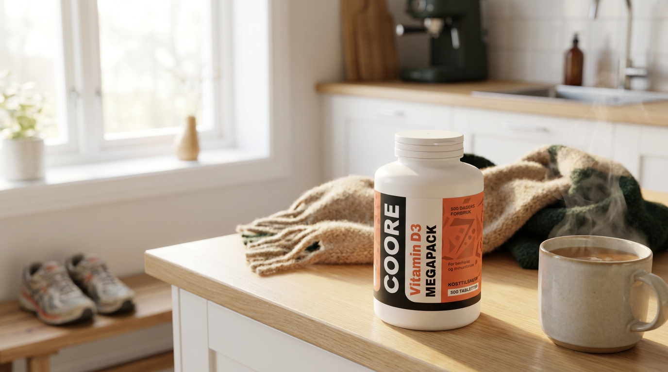 Coore Vitamin D3 Mega Pack på kjøkkenbenk i vinterlys