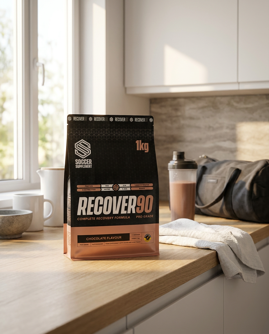 Recover90 recovery formula på kjøkkenbenk etter trening med shaker og treningsbag
