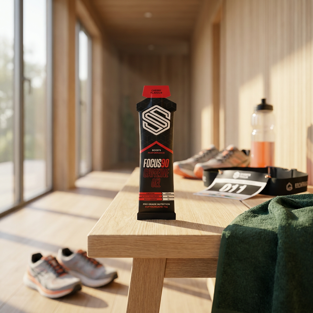 Focus90 Cherry caffeine gel på benk før Hyrox-heat med løpesko og startnummer