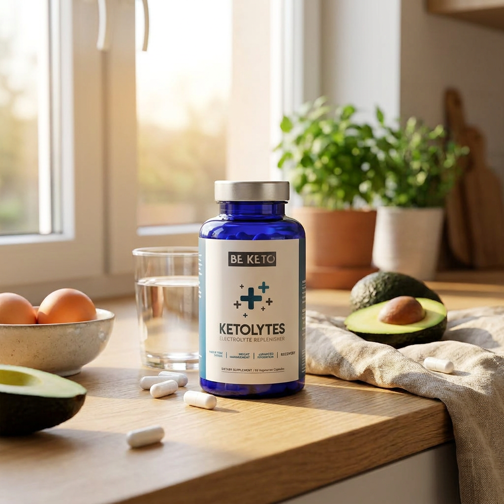 BeKeto Ketolytes elektrolyttkapsler på kjøkkenbenk med avocado og egg i morgenlys