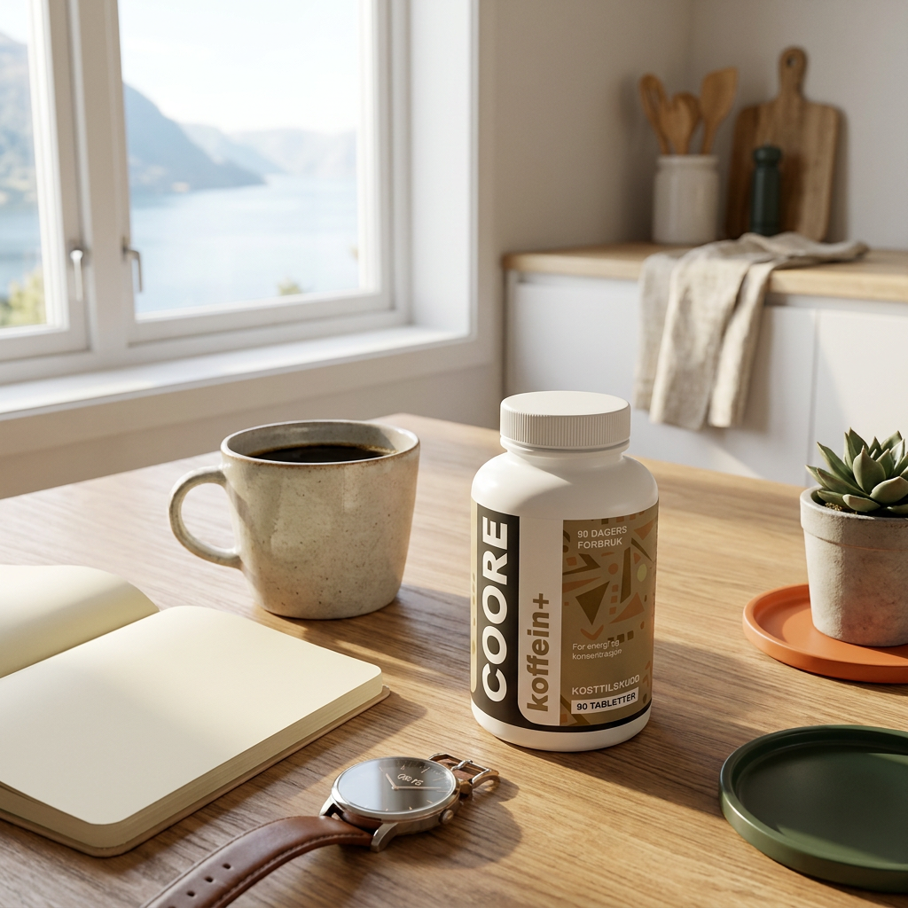 Coore koffein+ på morgenbenk med kaffe og notatbok