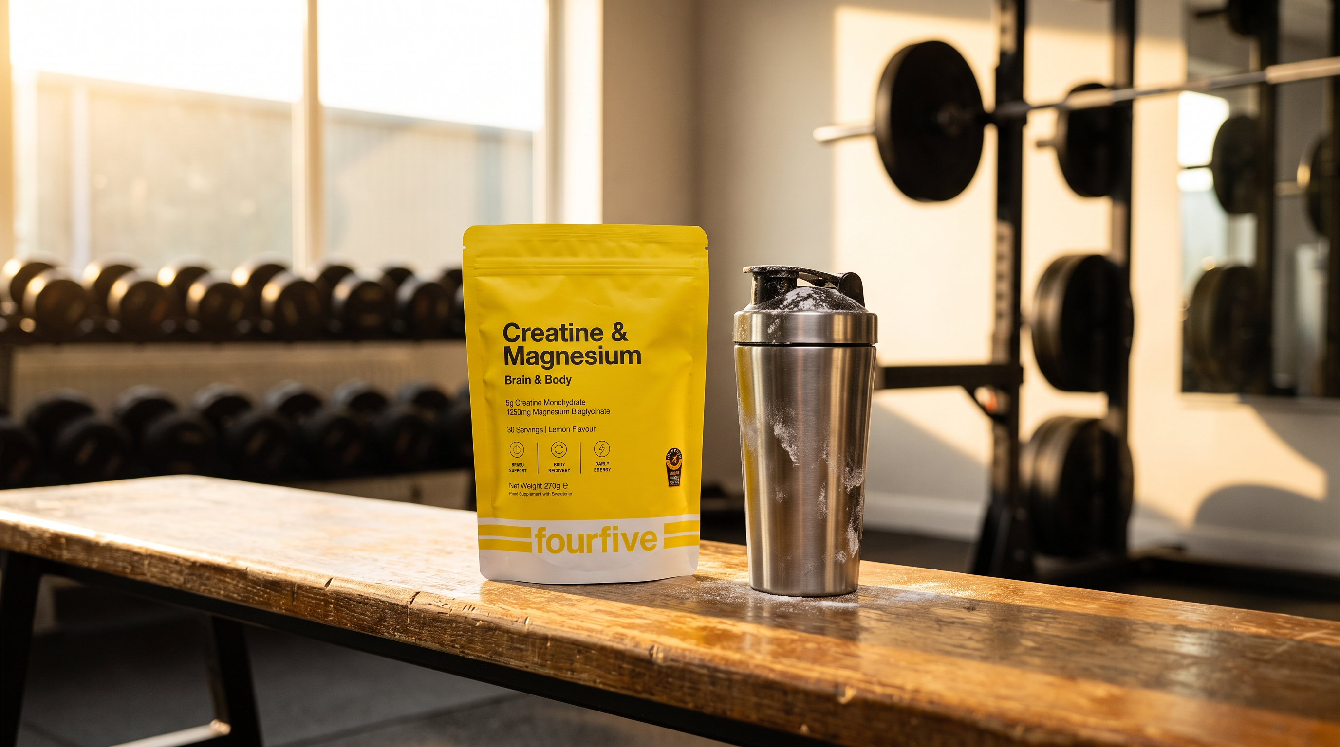 FourFive Kreatin & Magnesium pose i gym med treningsutstyr