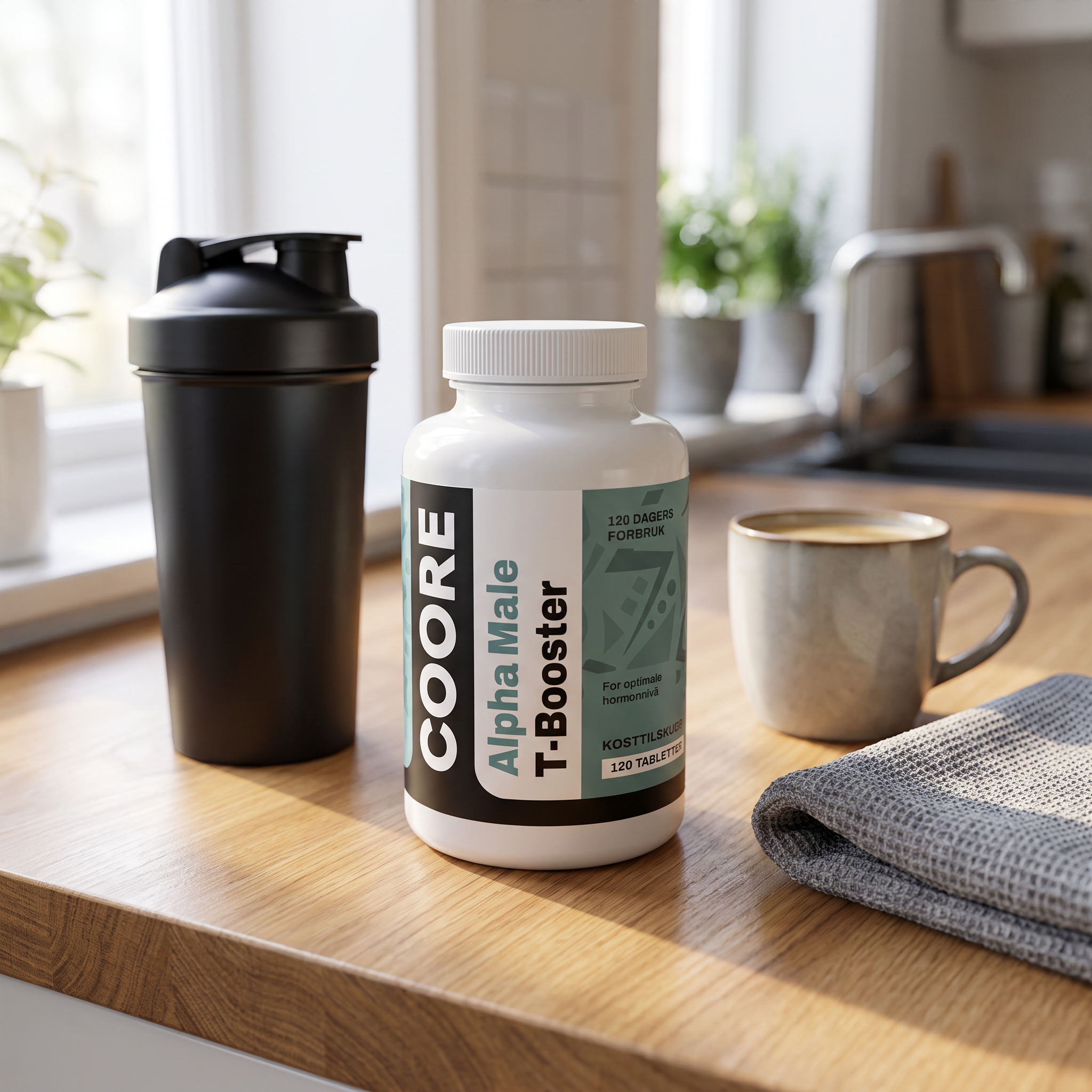 Coore Alpha Male T-booster på kjøkkenbenk med shaker og kaffe