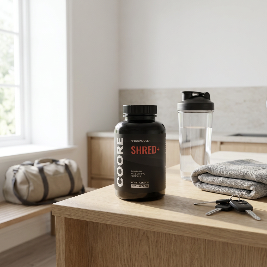 Coore Shred+ på kjøkkenbenk i naturlig morgenlys med shaker og treningsbag