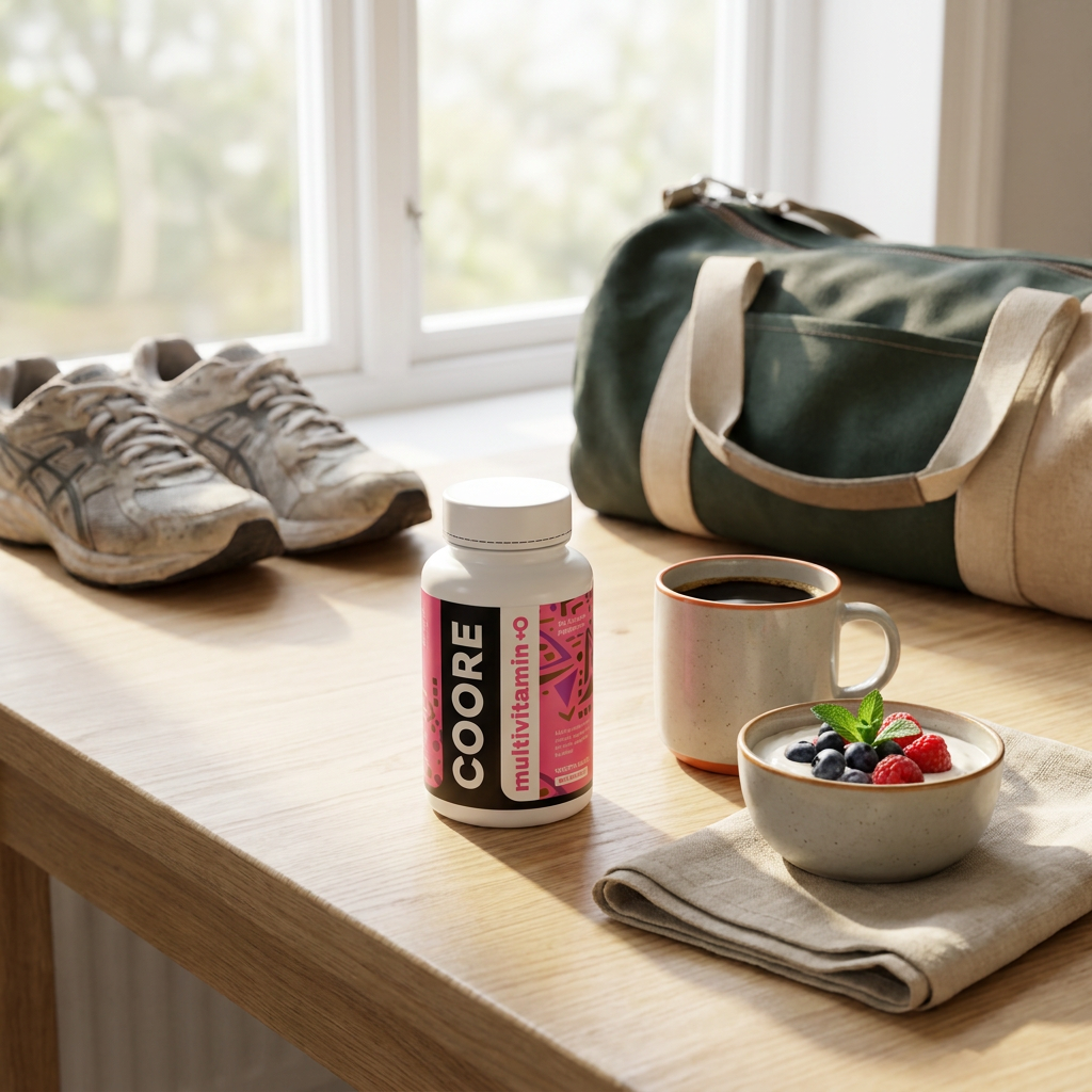 Coore Multivitamin Dame på kjøkkenbord med kaffe, yoghurt og treningsbag