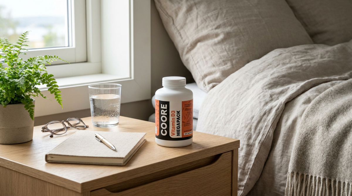 Coore Vitamin D3 Mega Pack på nattbord i morgenlys med vann, notatbok og briller